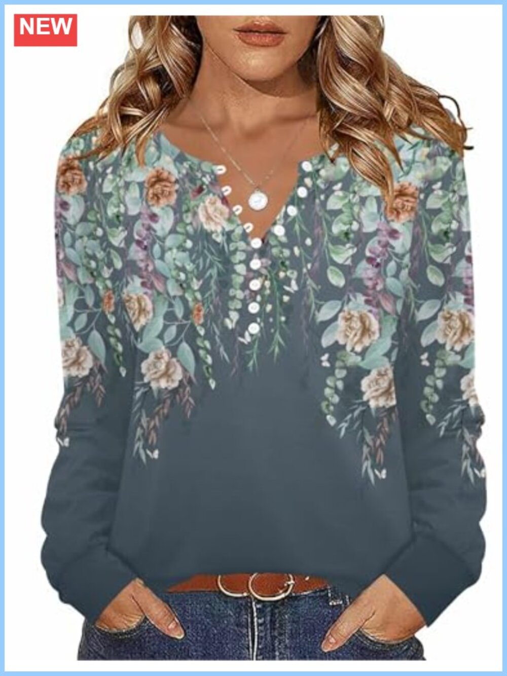 Women's Long Sleeve V Neck Button Up Floral Tunic Blouse Loose Fit Pullover